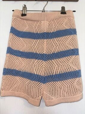 Knit Striped Crochet Shorts - Peach with Blue Stripes